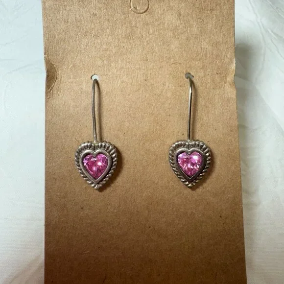 Heart-Shaped Pink Stone Sterling Silver Marked CA 925 Hook Dangle Drop Earrings - Picture 3 of 6